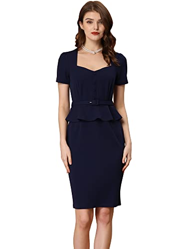 Allegra K Women's Peplum Sweetheart Neck Short Sleeve Wear to Work Office Sheath Dress Small Navy Blue