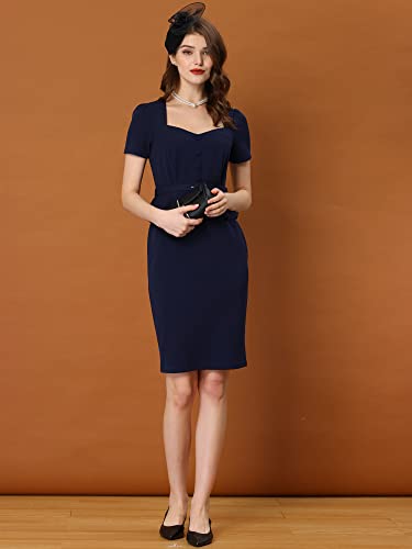 Allegra K Women's Peplum Sweetheart Neck Short Sleeve Wear to Work Office Sheath Dress Small Navy Blue