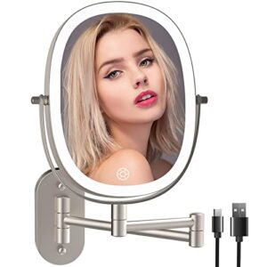 rechargeable wall mounted lighted makeup vanity mirror, double sided 1x/7x magnifying mirror, 3 color lighting option dimmable, 360 rotation extension foldable arm, oval frame shaving light up mirror