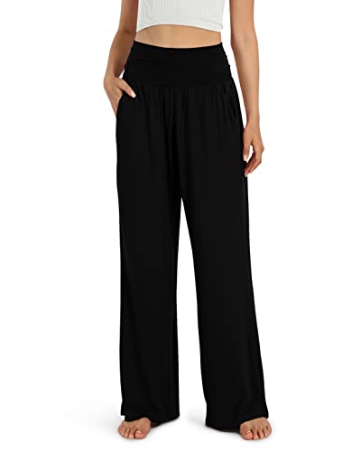 ODODOS Women's Wide Leg Palazzo Lounge Pants with Pockets Light Weight Loose Comfy Casual Pajama Pants-28 inseam, Black, Large
