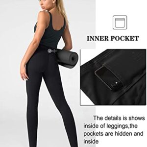 KNITI Black Thick High Waist Yoga Pants with Pockets - Tummy Control Workout Running Yoga Leggings for Women (as1, Alpha, l, Regular, Regular, Black)