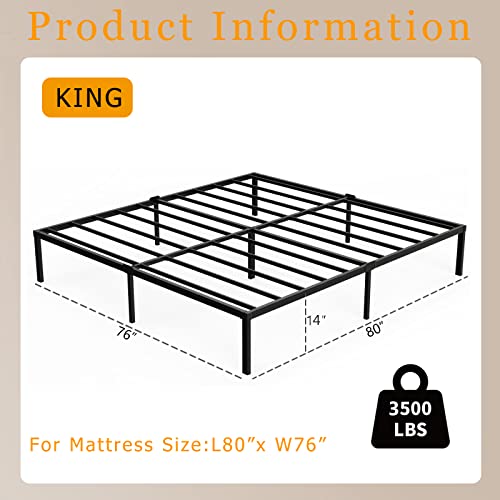 Kilyssa 14 Inch King Bed Frame, Metal Platform Bed Frames Heavy Duty 3500lbs Steel Slats Support Mattress Foundation Noise Free No Box Spring Needed, King Size