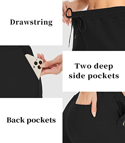 TARSE Women's Bermuda Shorts Plus Size Long Cotton Drawstring Loose with Pockets Knee Length Shorts Yoga Casual Walking Exercise Shorts(Black,XXL)