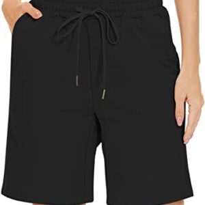 TARSE Women's Bermuda Shorts Plus Size Long Cotton Drawstring Loose with Pockets Knee Length Shorts Yoga Casual Walking Exercise Shorts(Black,XXL)