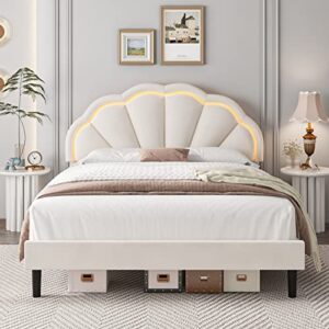 hifit queen upholstered smart led bed frame with adjustable elegant flowers headboard, platform bed frame queen size with wooden slats support, no box spring needed, easy assembly, beige
