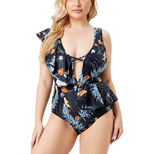 HDgTSA Sexy Bikini Retro Size One-Piece Women's Print Swimsuit Ruffle Swimsuit Mid-Waist Large Swimwears Sexy Latex Bikini Black