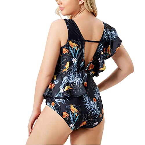 HDgTSA Sexy Bikini Retro Size One-Piece Women's Print Swimsuit Ruffle Swimsuit Mid-Waist Large Swimwears Sexy Latex Bikini Black