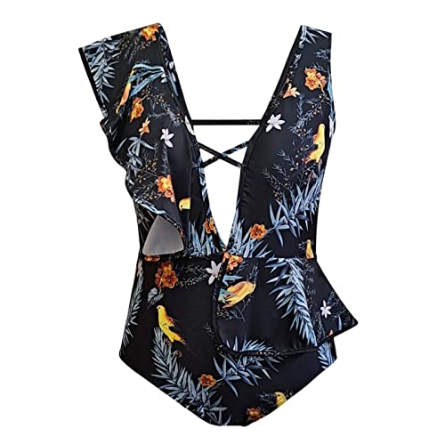 HDgTSA Sexy Bikini Retro Size One-Piece Women's Print Swimsuit Ruffle Swimsuit Mid-Waist Large Swimwears Sexy Latex Bikini Black