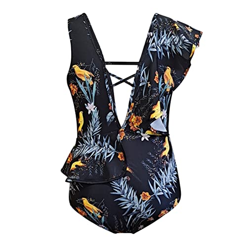 HDgTSA Sexy Bikini Retro Size One-Piece Women's Print Swimsuit Ruffle Swimsuit Mid-Waist Large Swimwears Sexy Latex Bikini Black