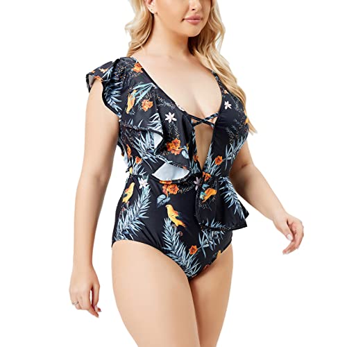 HDgTSA Sexy Bikini Retro Size One-Piece Women's Print Swimsuit Ruffle Swimsuit Mid-Waist Large Swimwears Sexy Latex Bikini Black