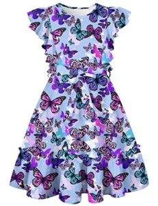 funnycokid girls dresses butterfly outfits for kid size 8 9 ruffle sleeve clothes flutter hem sundress with belt 8-9 years