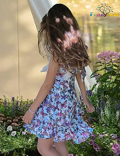 Funnycokid Girls Dresses Butterfly Outfits for Kid Size 8 9 Ruffle Sleeve Clothes Flutter Hem Sundress with Belt 8-9 Years