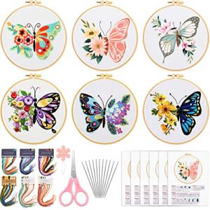 6 set butterfly embroidery kit butterfly and flower cross stitch set embroidery kits for adults with patterns instructions embroidery hoops threads needles scissor needle threader for beginners