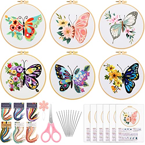 6 Set Butterfly Embroidery Kit Butterfly and Flower Cross Stitch Set Embroidery Kits for Adults with Patterns Instructions Embroidery Hoops Threads Needles Scissor Needle Threader for Beginners