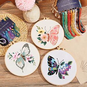 6 Set Butterfly Embroidery Kit Butterfly and Flower Cross Stitch Set Embroidery Kits for Adults with Patterns Instructions Embroidery Hoops Threads Needles Scissor Needle Threader for Beginners