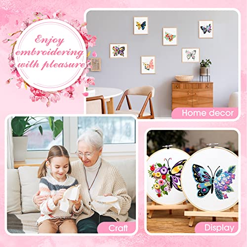 6 Set Butterfly Embroidery Kit Butterfly and Flower Cross Stitch Set Embroidery Kits for Adults with Patterns Instructions Embroidery Hoops Threads Needles Scissor Needle Threader for Beginners