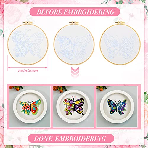 6 Set Butterfly Embroidery Kit Butterfly and Flower Cross Stitch Set Embroidery Kits for Adults with Patterns Instructions Embroidery Hoops Threads Needles Scissor Needle Threader for Beginners