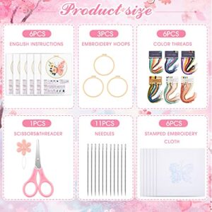 6 Set Butterfly Embroidery Kit Butterfly and Flower Cross Stitch Set Embroidery Kits for Adults with Patterns Instructions Embroidery Hoops Threads Needles Scissor Needle Threader for Beginners