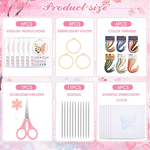 6 Set Butterfly Embroidery Kit Butterfly and Flower Cross Stitch Set Embroidery Kits for Adults with Patterns Instructions Embroidery Hoops Threads Needles Scissor Needle Threader for Beginners