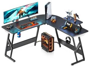motpk l shaped gaming desk, 51 inch gaming computer desk with carbon fiber texture, gaming table with monitor stand, gamer desk with cup holder and headphone hook, l desk for gaming, black