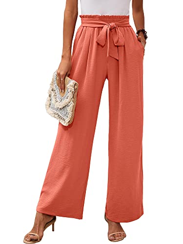 Heymoments Women's Wide Leg Lounge Pants with Pockets Coral Large Lightweight High Waisted Adjustable Tie Knot Loose Comfy Casual Trousers