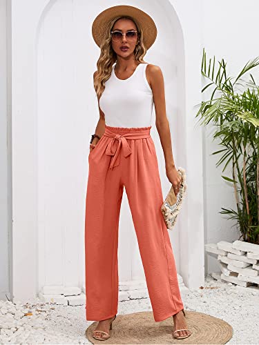 Heymoments Women's Wide Leg Lounge Pants with Pockets Coral Large Lightweight High Waisted Adjustable Tie Knot Loose Comfy Casual Trousers