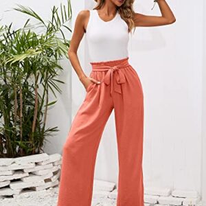 Heymoments Women's Wide Leg Lounge Pants with Pockets Coral Large Lightweight High Waisted Adjustable Tie Knot Loose Comfy Casual Trousers