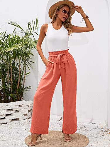 Heymoments Women's Wide Leg Lounge Pants with Pockets Coral Large Lightweight High Waisted Adjustable Tie Knot Loose Comfy Casual Trousers