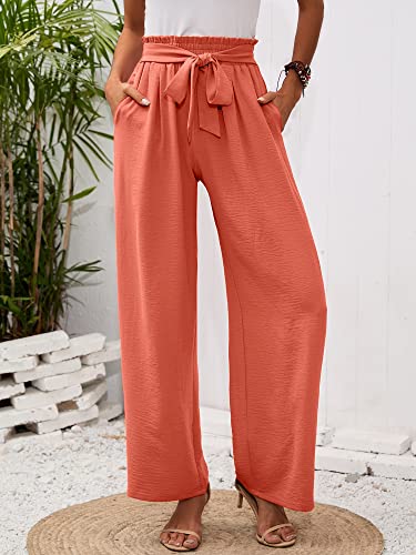 Heymoments Women's Wide Leg Lounge Pants with Pockets Coral Large Lightweight High Waisted Adjustable Tie Knot Loose Comfy Casual Trousers