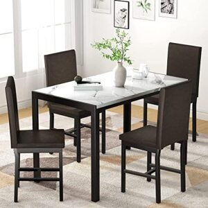 tantohom Dining Table Set for 4, Modern Kitchen Table and Chairs for 4, 5 Pieces Dining Room Table Set with Upholstered PU Leather Chairs for Small Spaces, Apartment, Dinette, Home Furniture, White