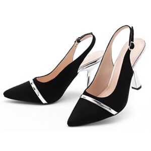 Frank Mully Women's Slingback Pumps Closed Pointed Toe Formal Party Wedding Dress Shoes Ankle Strap Slip On High Heel Sandals Black/Suede