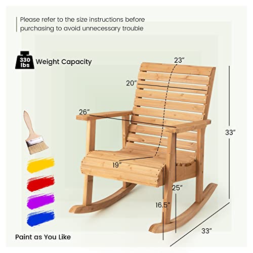 Giantex Wood Rocking Chair Outdoor - Outside Rocker with High Backrest, Wide Armrests, 330 Lbs Weight Capacity, Patio Rocking Chairs for Lawn, Backyard, Indoors, Deck, Garden, Porch Chair (1, Natural)