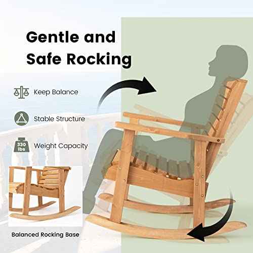 Giantex Wood Rocking Chair Outdoor - Outside Rocker with High Backrest, Wide Armrests, 330 Lbs Weight Capacity, Patio Rocking Chairs for Lawn, Backyard, Indoors, Deck, Garden, Porch Chair (1, Natural)