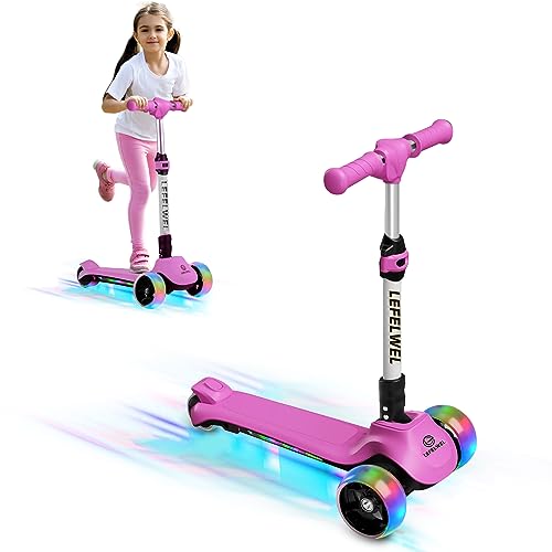 Kids Electric Scooter, 3 Wheel Electric Scooter for Toddlers Boys Girls, Flashing LED Deck & Wheels, 3 Adjustable Height, Lean-to Steer Design, Foldable Scooter for Kids Ages 3-9 Unique Gift (Pink)