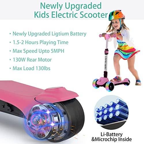 Kids Electric Scooter, 3 Wheel Electric Scooter for Toddlers Boys Girls, Flashing LED Deck & Wheels, 3 Adjustable Height, Lean-to Steer Design, Foldable Scooter for Kids Ages 3-9 Unique Gift (Pink)