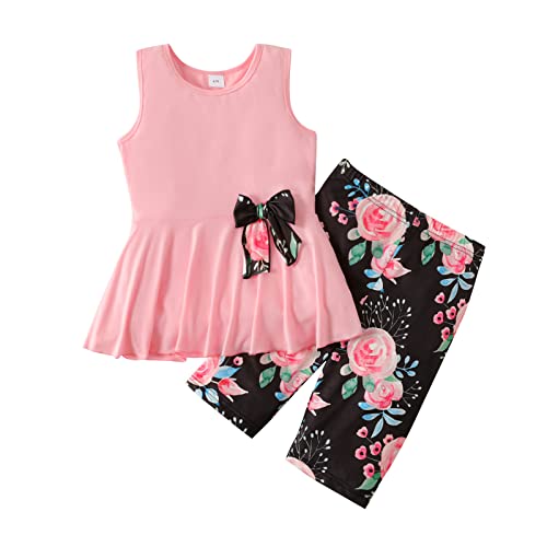 PATPAT 2pcs Kid Girl Ruffled Bowknot Design High Low Sleeveless Tee and Floral Print Short Pant Set, Pink, 7-8 Years