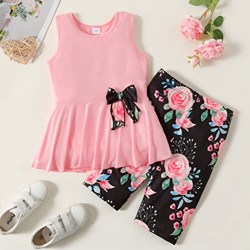 PATPAT 2pcs Kid Girl Ruffled Bowknot Design High Low Sleeveless Tee and Floral Print Short Pant Set, Pink, 7-8 Years