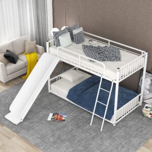 runwon twin over twin low bunk bed with slide, metal floor bedframe w/easy climp ladders and full length safety guard rails for kids bedroom