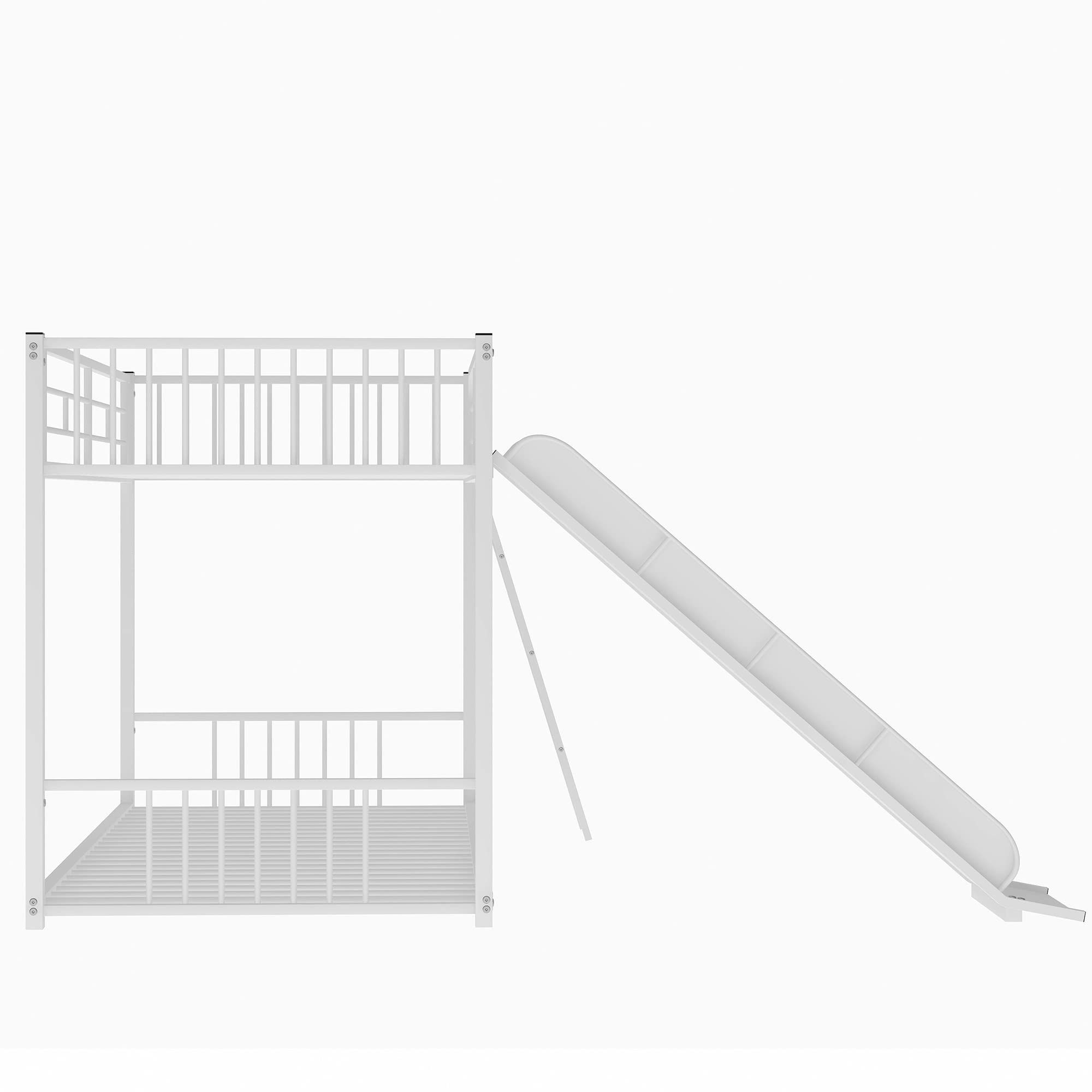 RUNWON Twin Over Twin Low Bunk Bed with Slide, Metal Floor Bedframe w/Easy Climp Ladders and Full Length Safety Guard Rails for Kids Bedroom