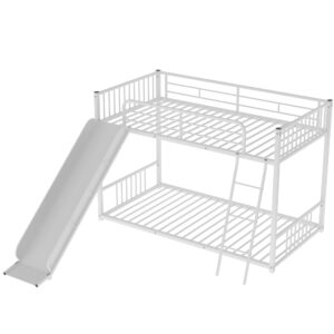 RUNWON Twin Over Twin Low Bunk Bed with Slide, Metal Floor Bedframe w/Easy Climp Ladders and Full Length Safety Guard Rails for Kids Bedroom