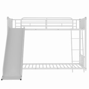 RUNWON Twin Over Twin Low Bunk Bed with Slide, Metal Floor Bedframe w/Easy Climp Ladders and Full Length Safety Guard Rails for Kids Bedroom