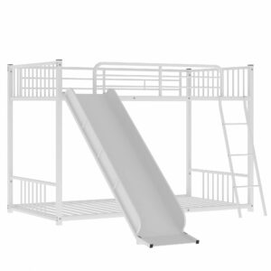 RUNWON Twin Over Twin Low Bunk Bed with Slide, Metal Floor Bedframe w/Easy Climp Ladders and Full Length Safety Guard Rails for Kids Bedroom