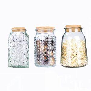 piscepio canister glass jars with cork lids set of 3 in 38oz, 41oz & 56oz, embossed wooden stopper glass containers, retro design decorative kitchen counter, pantry jars for candy cookie food storage