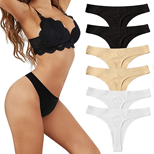 Cinvik Womens Thongs Seamless Hipster Thong Low Rise Mesh Tanga Panties for Ladies Junoirs Teens, Black White Nude, Size 1XL