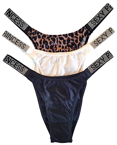 Underella Brazilian Sexy Thong Panties with Rhinestone Straps 3-Pack (Black + White + Animal Print, Large)