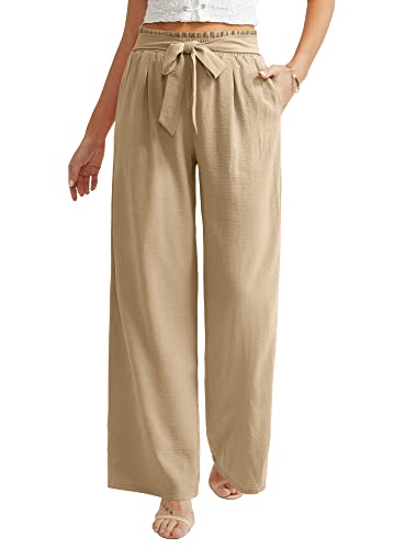 Feiersi Women Casual Wide Leg Pants High Waisted Business Work Casual Pants Loose Flowy Beach Palazzo Pants(Khaki,Small)