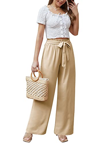 Feiersi Women Casual Wide Leg Pants High Waisted Business Work Casual Pants Loose Flowy Beach Palazzo Pants(Khaki,Small)