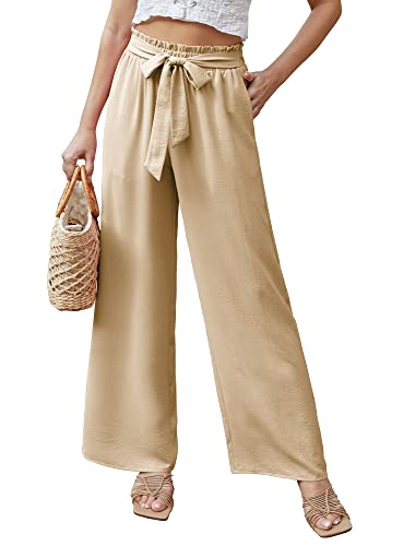 Feiersi Women Casual Wide Leg Pants High Waisted Business Work Casual Pants Loose Flowy Beach Palazzo Pants(Khaki,Small)