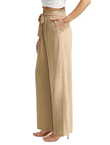 Feiersi Women Casual Wide Leg Pants High Waisted Business Work Casual Pants Loose Flowy Beach Palazzo Pants(Khaki,Small)