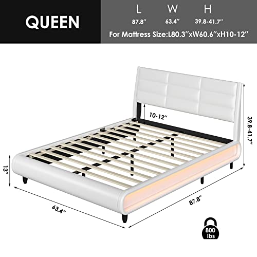 HOSTACK Queen Size Upholstered Bed Frame with Smart LED, PU Low Profile Sleigh Platform Bed with Adjustable Headboard, Modern Mattress Foundation with Wood Slats, Lights Sync With Music (White, Queen)